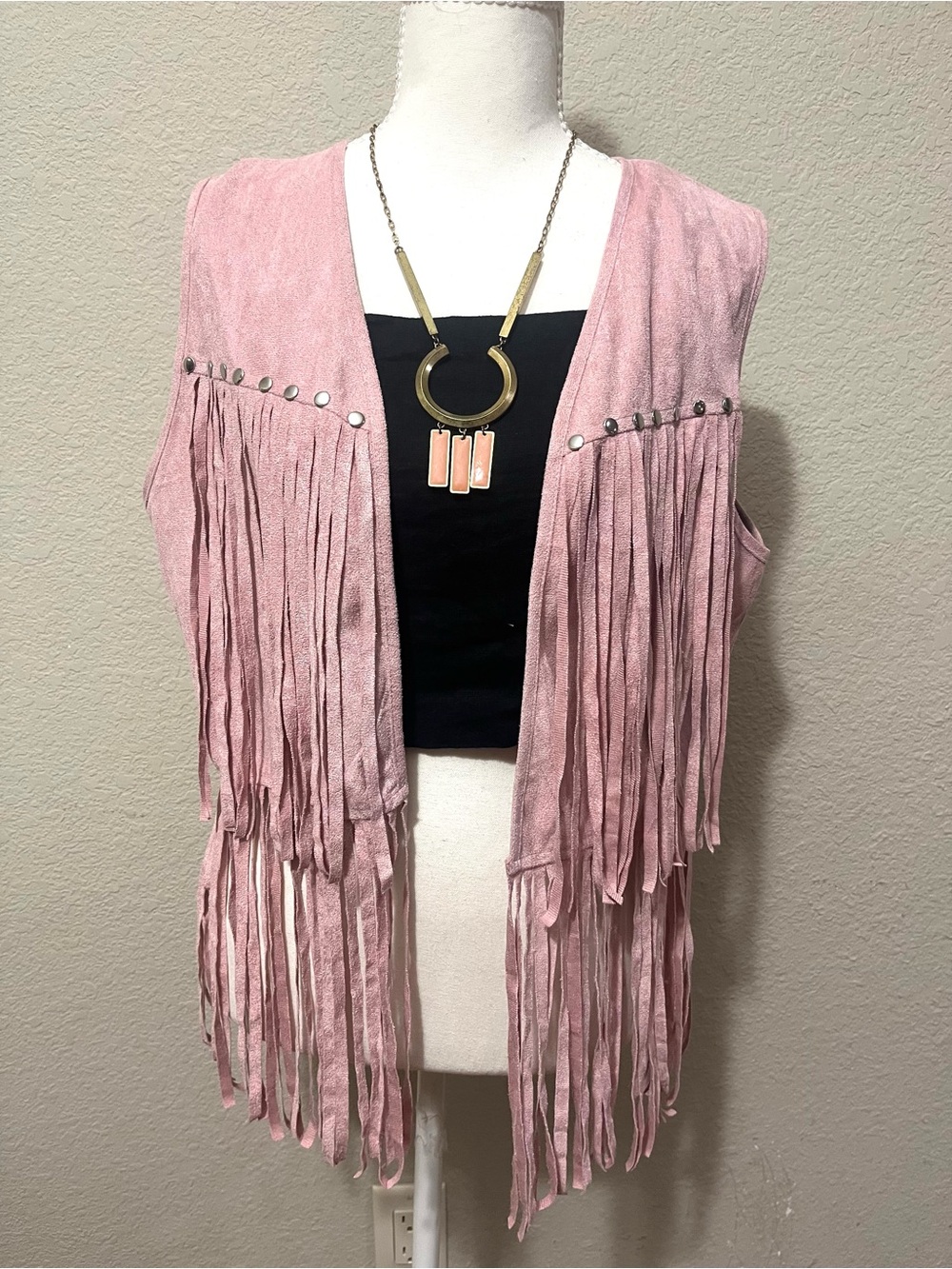 Blush Pink Fringe faux Suede Vest